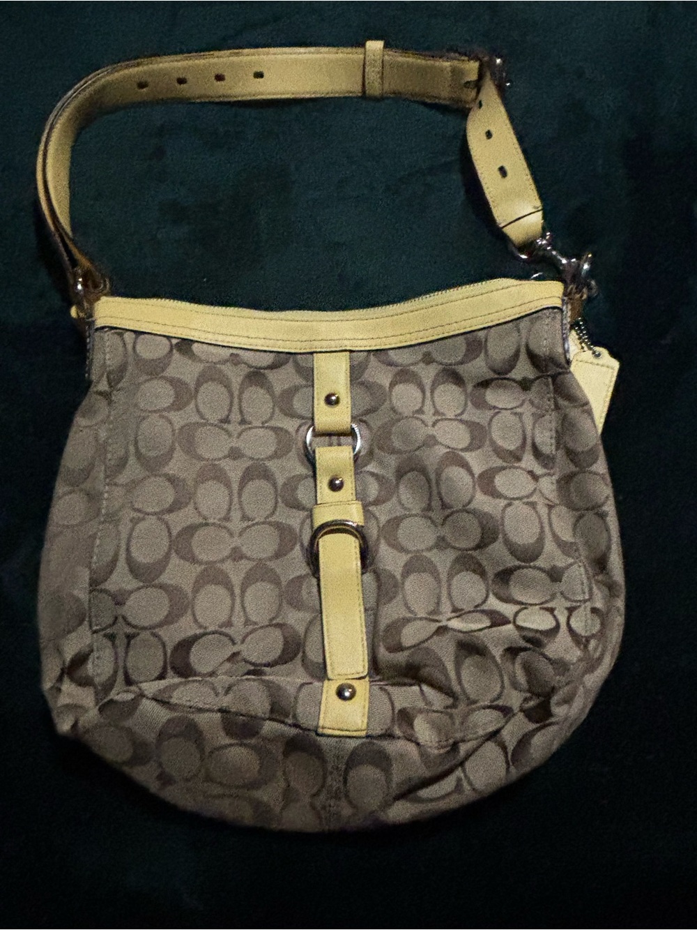 Coach Signature Brown & Tan Canvas Shoulder Bag with Leather Yellow Trim - Picture 2 of 7